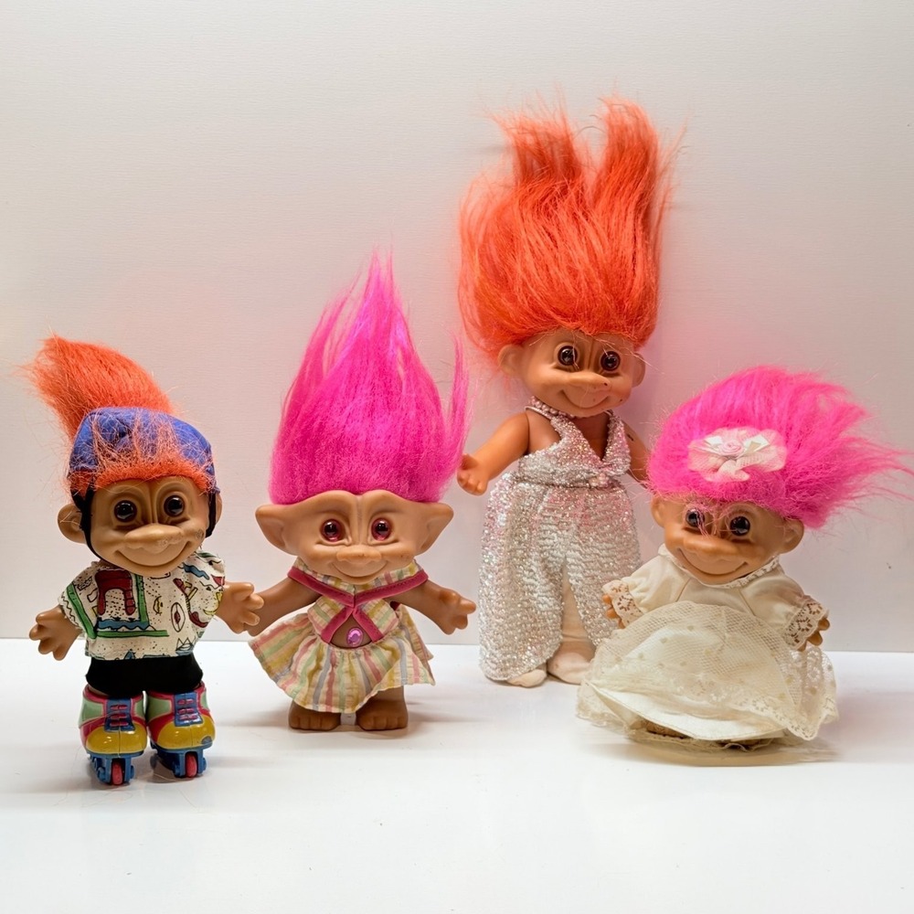 Vintage Troll Doll Lot of 4 Russ Dam Style Pink Orange Hair Rollerblade Bride